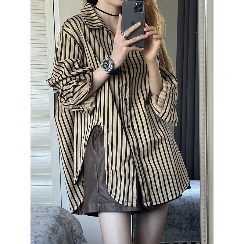 高级感条纹开叉衬衫女春秋季2025新款宽松衬衣设计感小众上衣外套