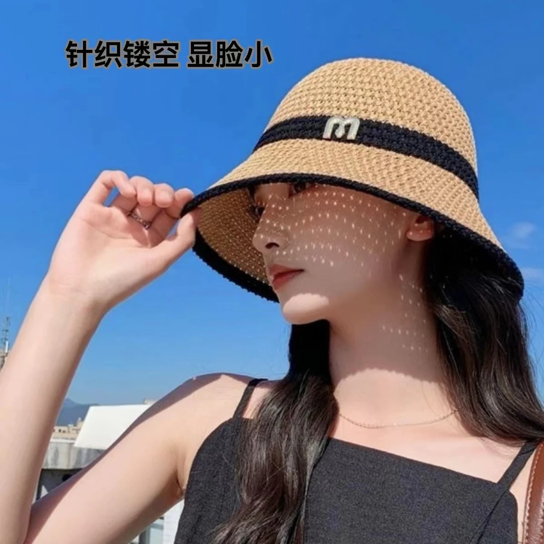夏季新款针织镂空透气渔夫帽女字母百搭休闲薄款水桶男款盆帽
