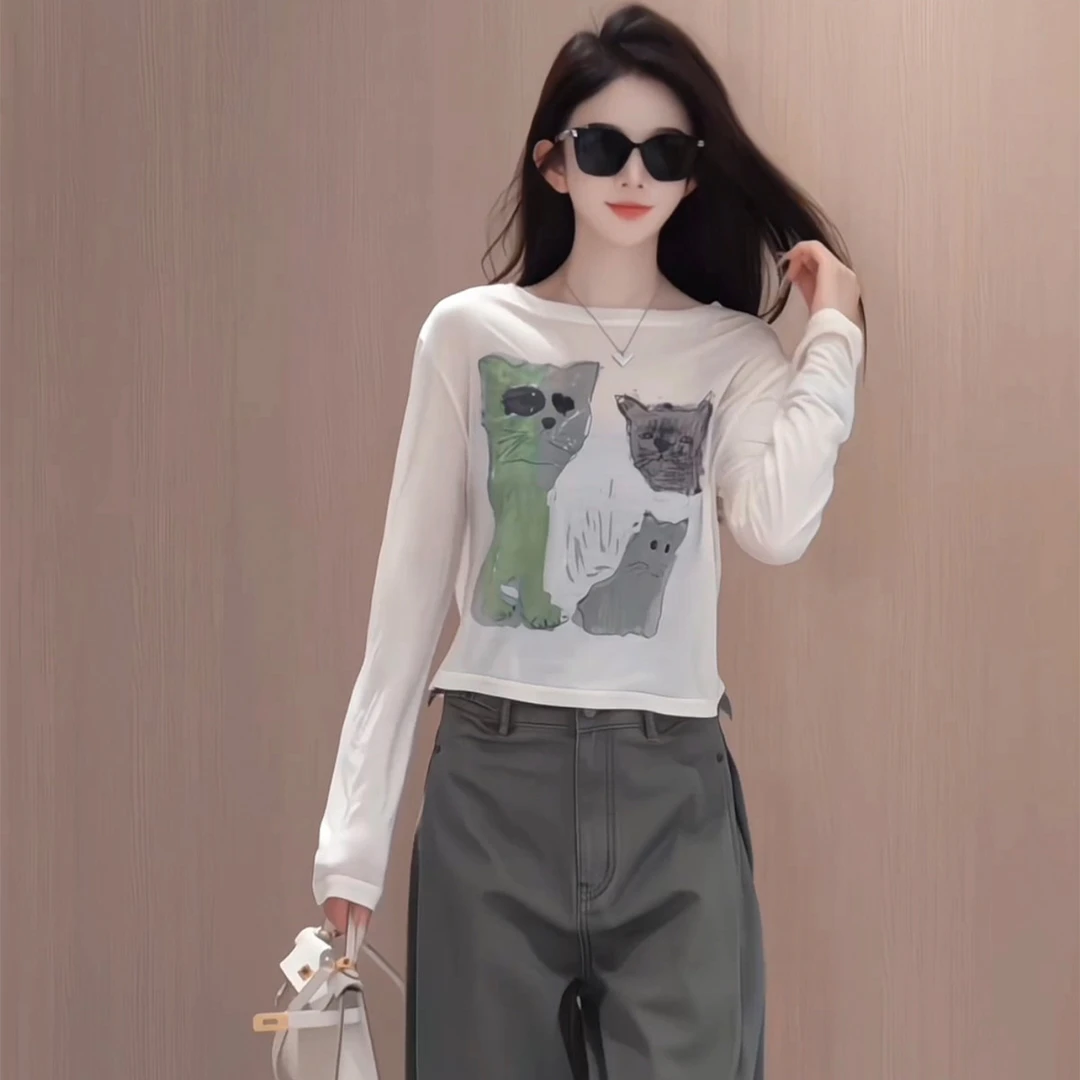 2025新款防晒猫咪夏季卡通小猫图案薄款防晒打底衫长袖T恤上衣女