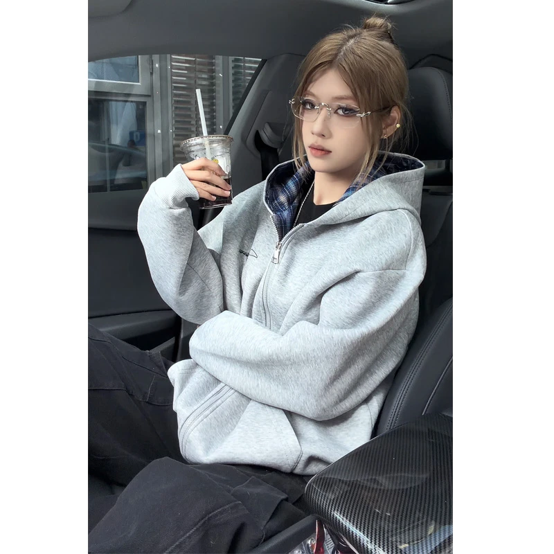 美式加绒假两件开衫连帽卫衣男士外套秋冬加厚休闲长袖夹克棒球服