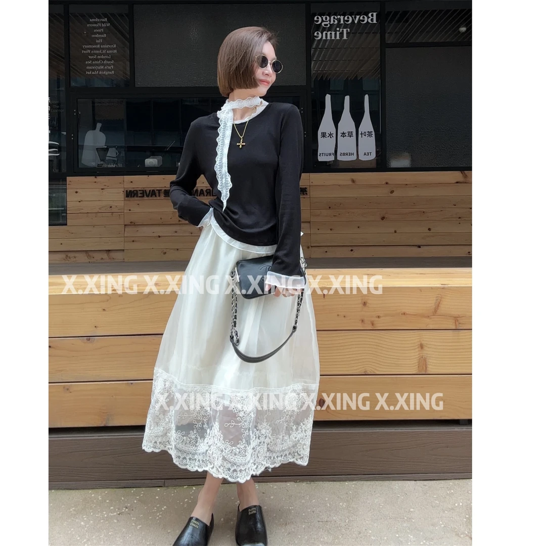 X.x.春季新款假两件配色拼接领口荷叶边弹力长袖T恤C31-10222