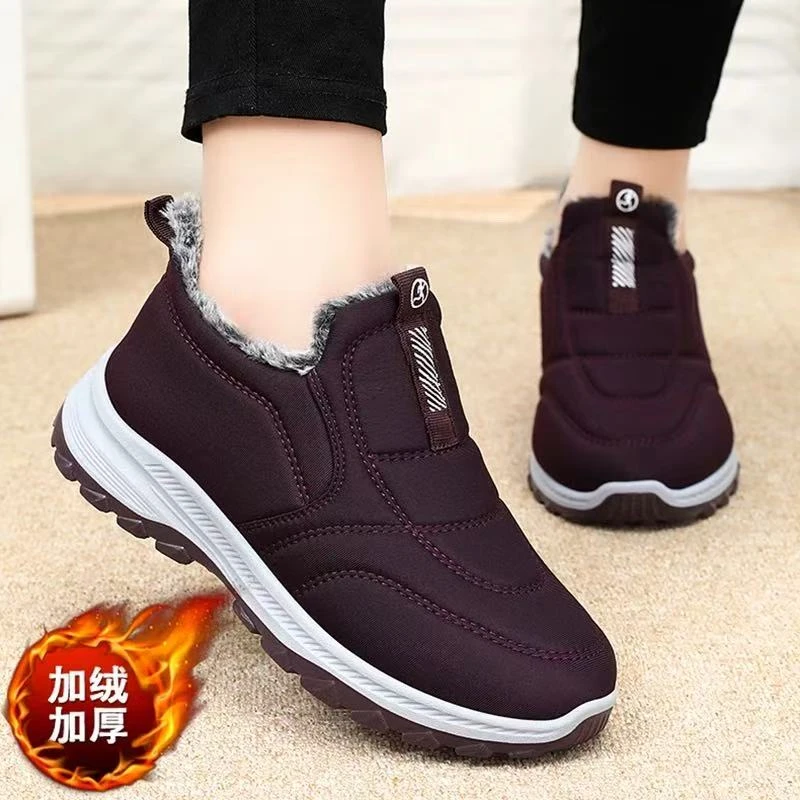 足力健安全老人鞋女鞋冬季加绒保暖一脚蹬棉鞋软底中老年妈妈棉靴