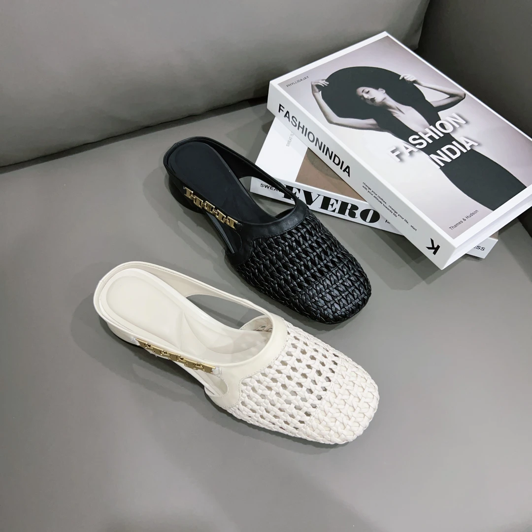 夏季新款手工编织粗跟真皮包头半拖鞋女时尚圆头镂空中跟皮拖鞋