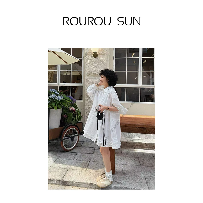 25620减龄气质翻领单排扣拼接褶皱宽松百搭长袖娃娃衬衫女