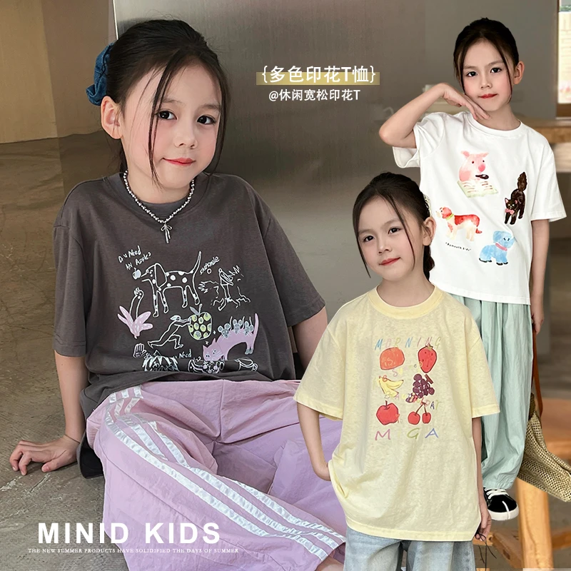 mini旦童装女童短袖T恤夏季新款儿童韩版宽松洋气卡通体恤上衣潮