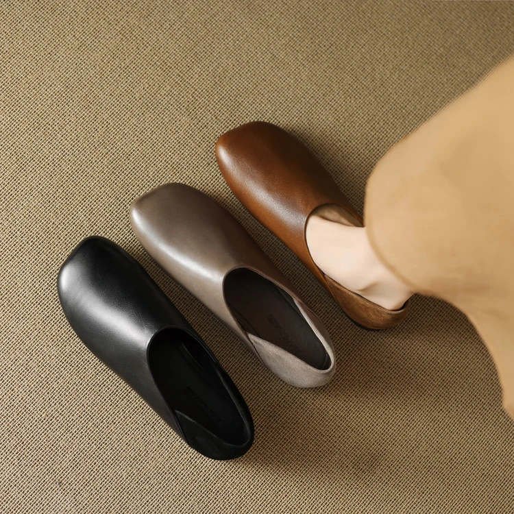 法式复古一脚蹬软底奶奶鞋女春秋真皮简约平底单鞋大头鞋休闲百搭