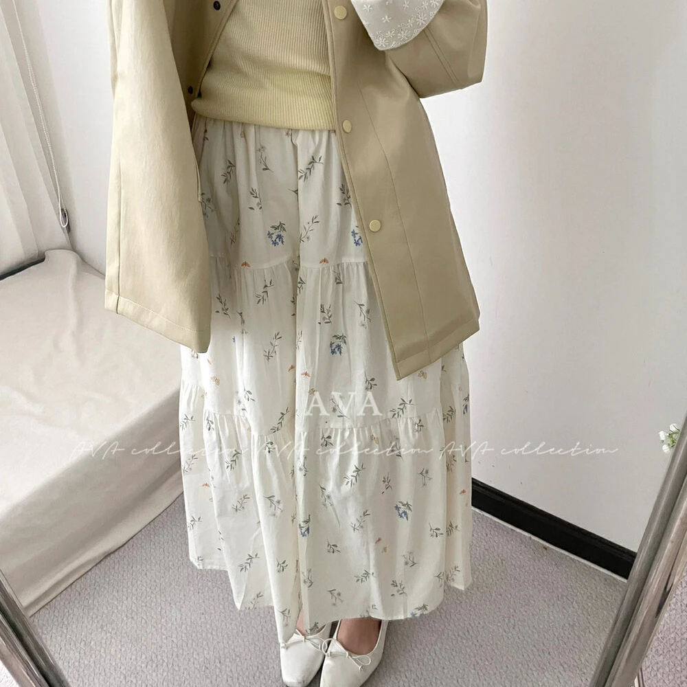 法式大码碎花a字松紧腰百褶半身裙女夏季新款百搭小清新中长裙子