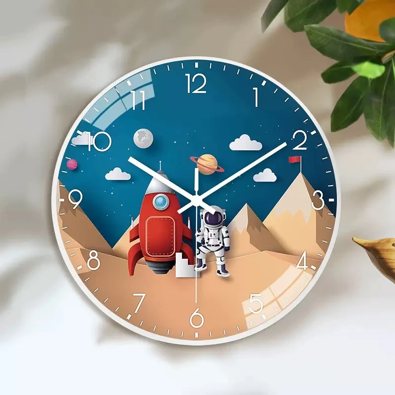 钟表挂钟静音男儿童太空动漫卡通卧室免打孔石英表圆形家用挂墙上