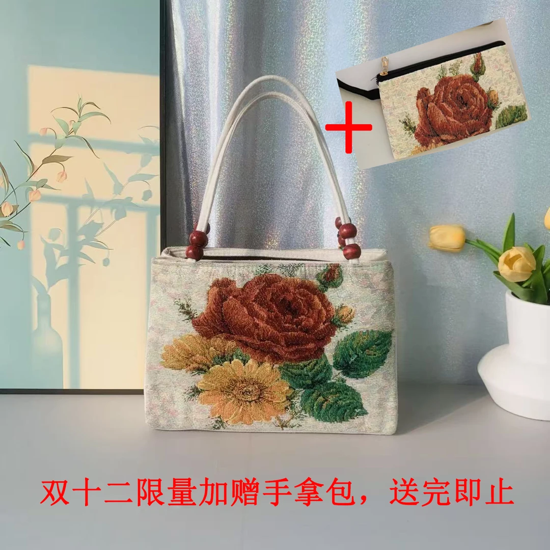 多隔层双面款中国风肩包民族风多隔离刺绣手提包女士串珠帆布包