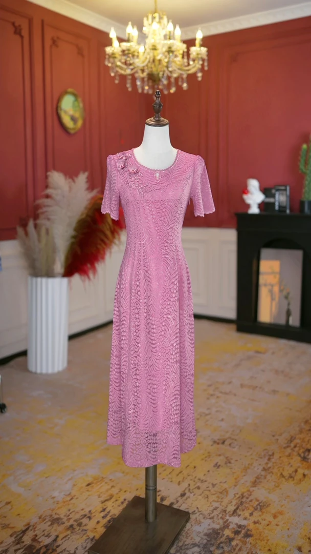 【妙莱 芙蓉粉】高级气质刺绣水溶软蕾丝喜妈妈喜婆婆连衣裙M10414