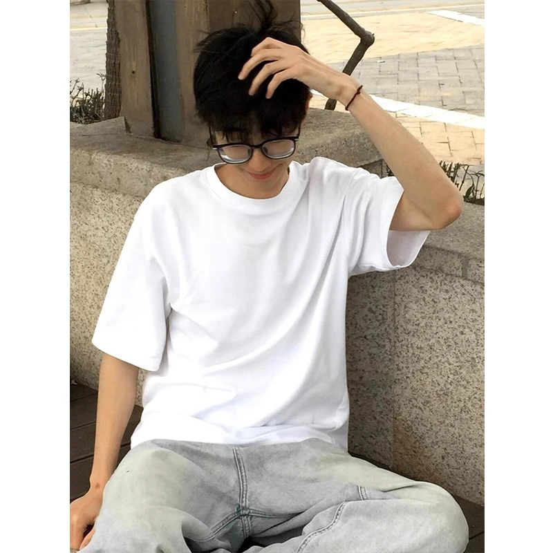 白色纯棉圆领短袖男夏季cleanfit重磅正肩t恤美式复古内搭半截袖
