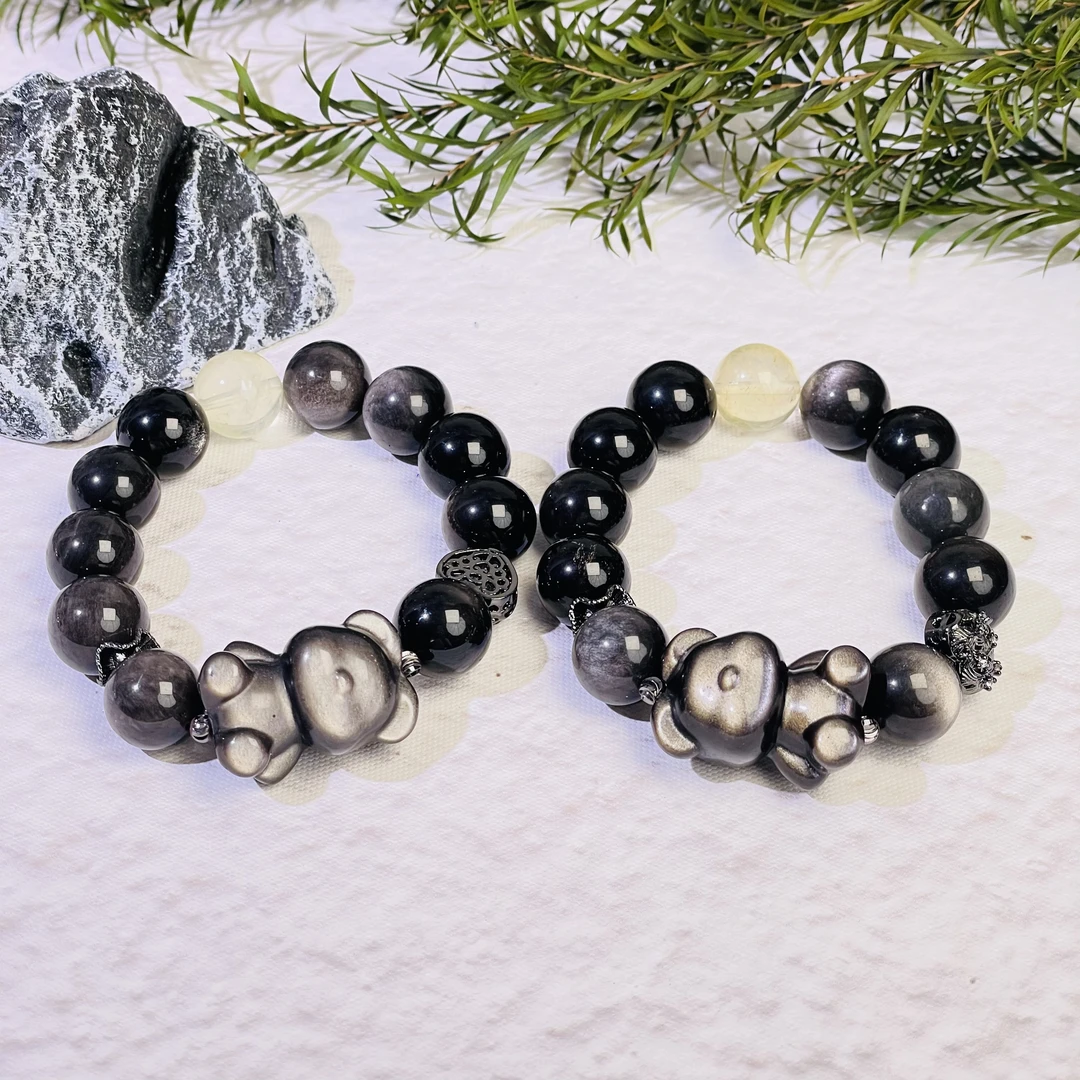 【银熊无敌】银曜石小熊黄水晶13-14mm手串面小仙多样性发其一