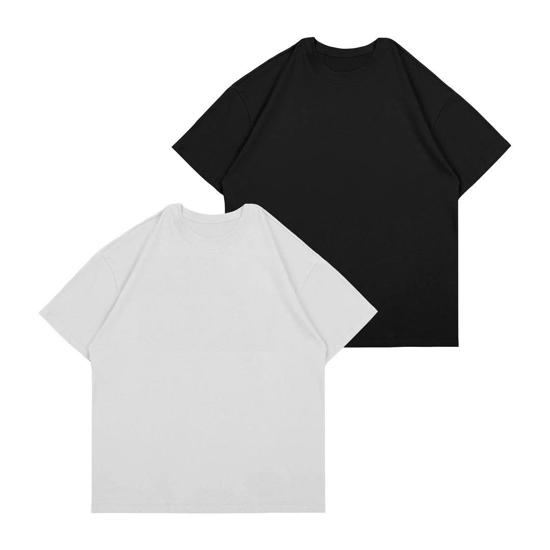 圆筒无侧缝纯棉270克重磅短袖小领口黑白纯色潮流情侣舒适圆领夏