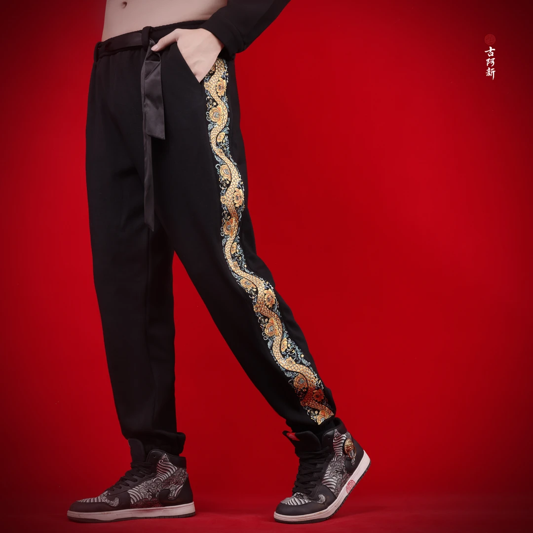 【古阿新国潮】原创中国风蛇纹琉璃刺绣运动休闲百搭裤