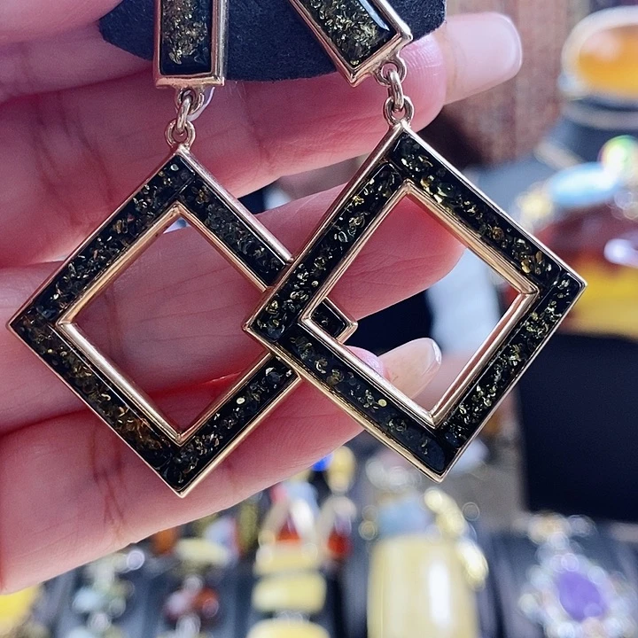 琥珀银S925镶嵌耳饰耳环