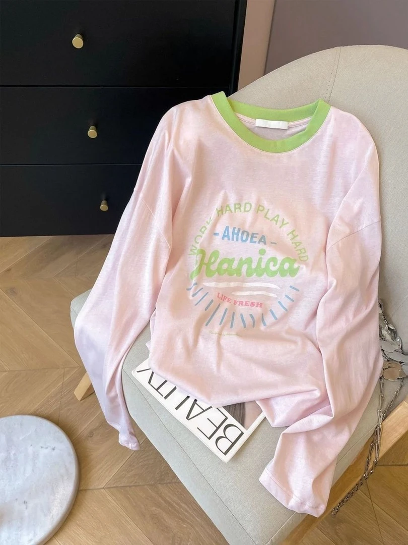 韩系小众字母印正肩色圆领长袖防晒罩衫夏季爆款多巴胺秋季穿搭