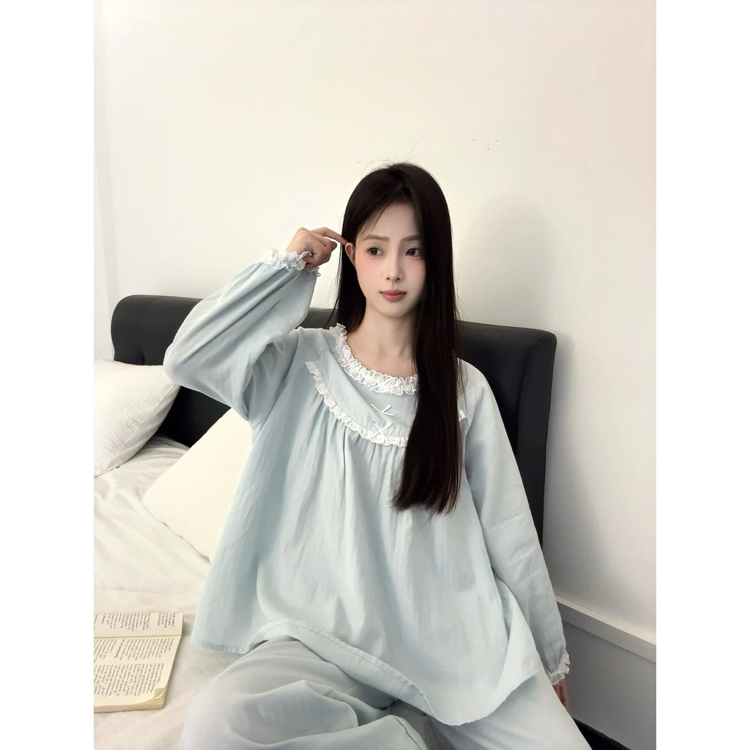 甜美简约纯色蕾丝花边睡衣女秋季2025新款长裤大码宽松家居服套装