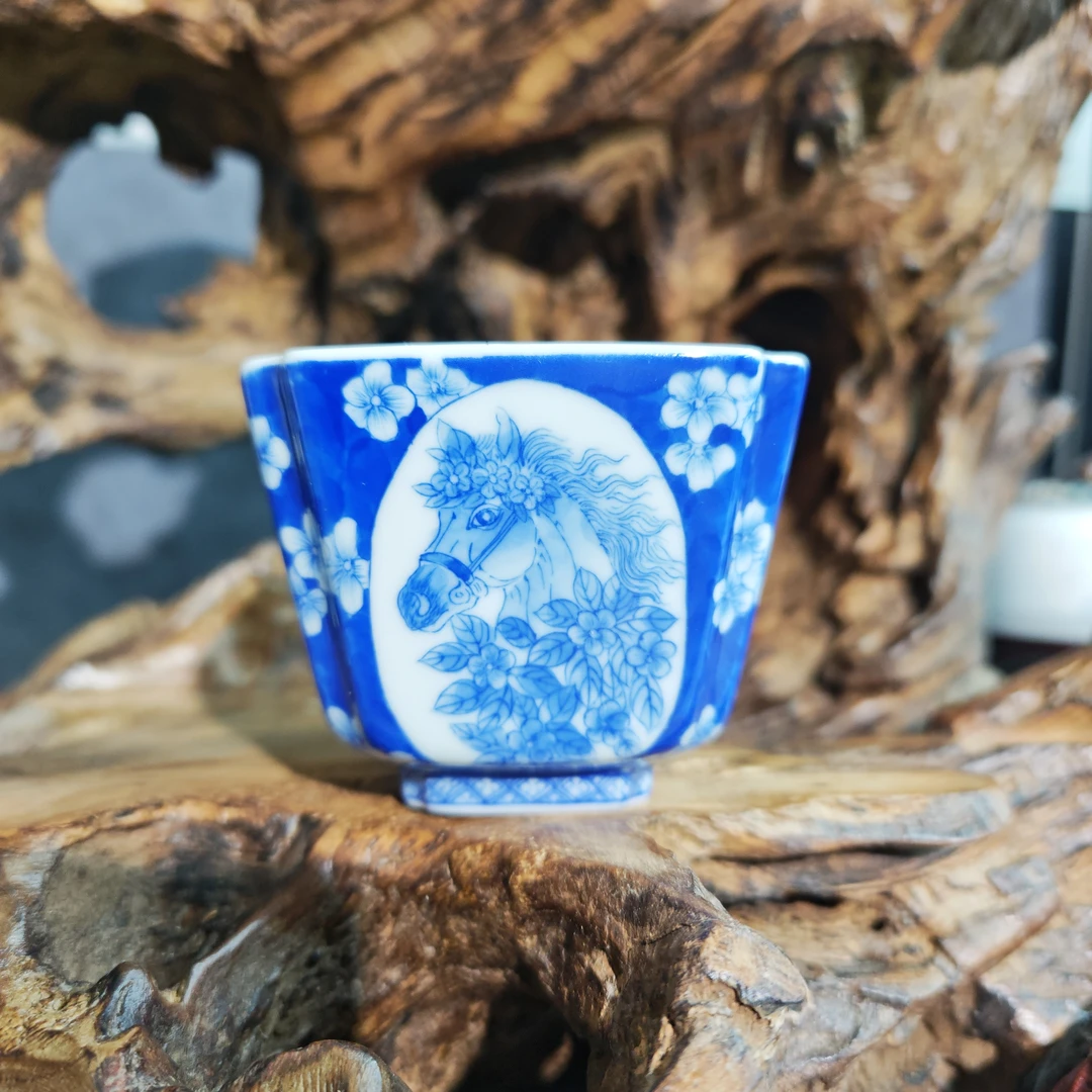 （陶月楼）柴窑 翠毛蓝马上有钱花图案四方杯 功夫陶瓷茶具100CC