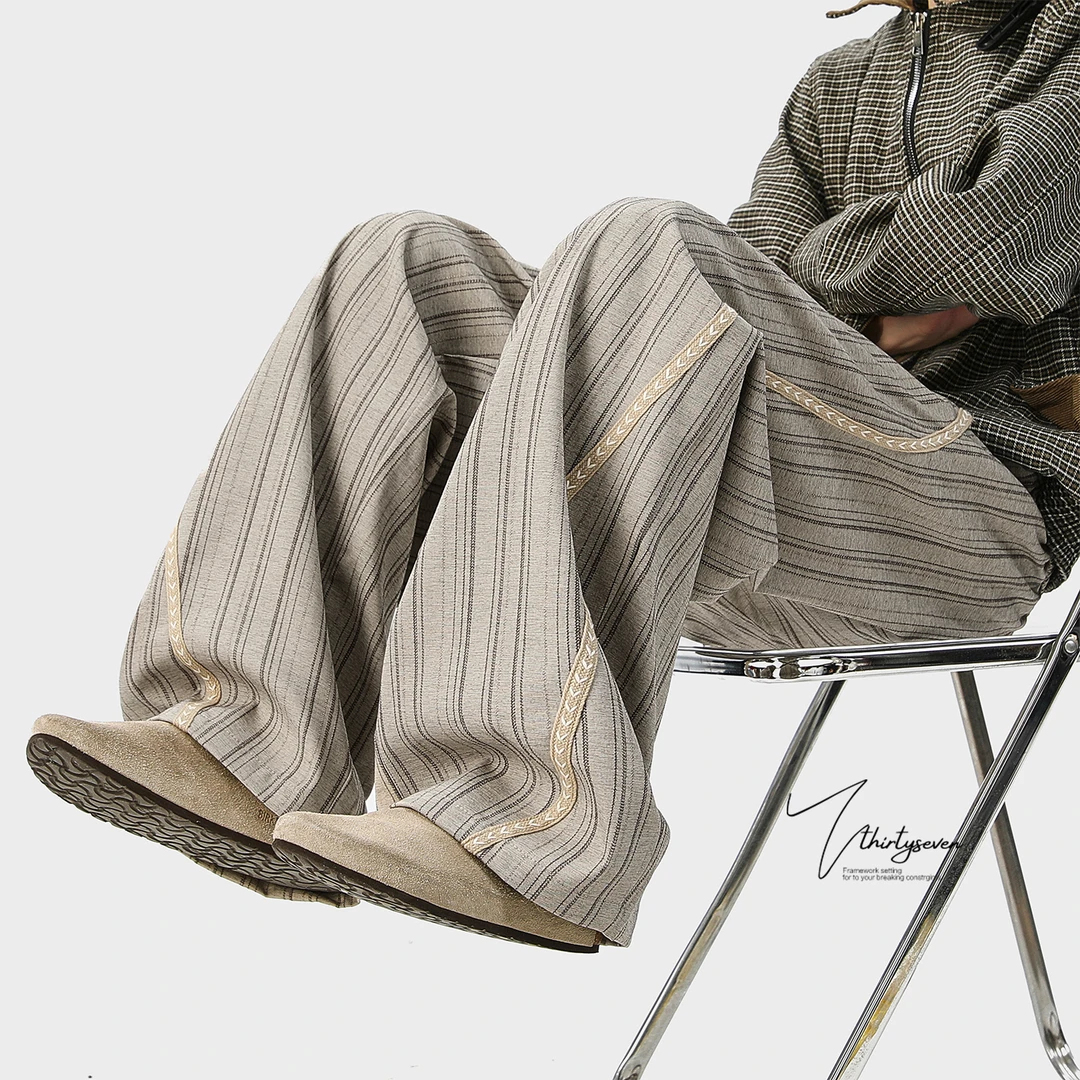 V37秋季老风鱼骨线条纹休闲裤男美式hiphop设计感宽松阔腿裤子