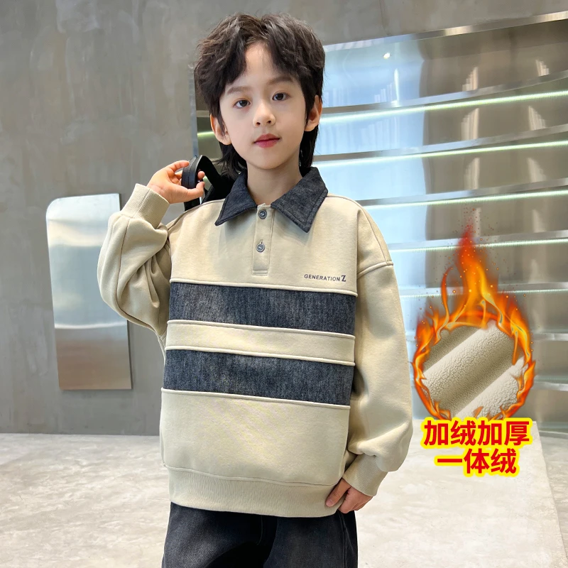中班仔童装男童卫衣加绒加厚冬装新款儿童撞色拼接翻领上衣*38279