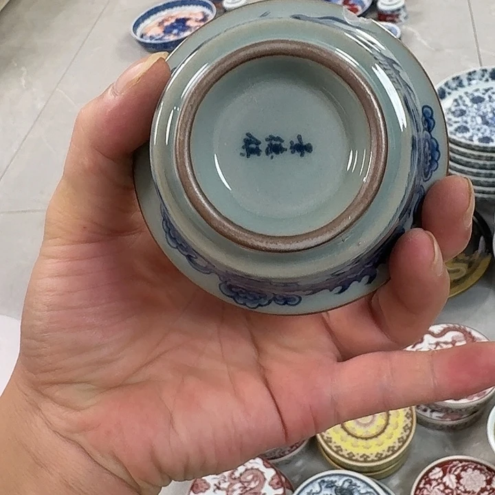 瓷片老陶泥青花铠甲龙二才马蹄盖碗