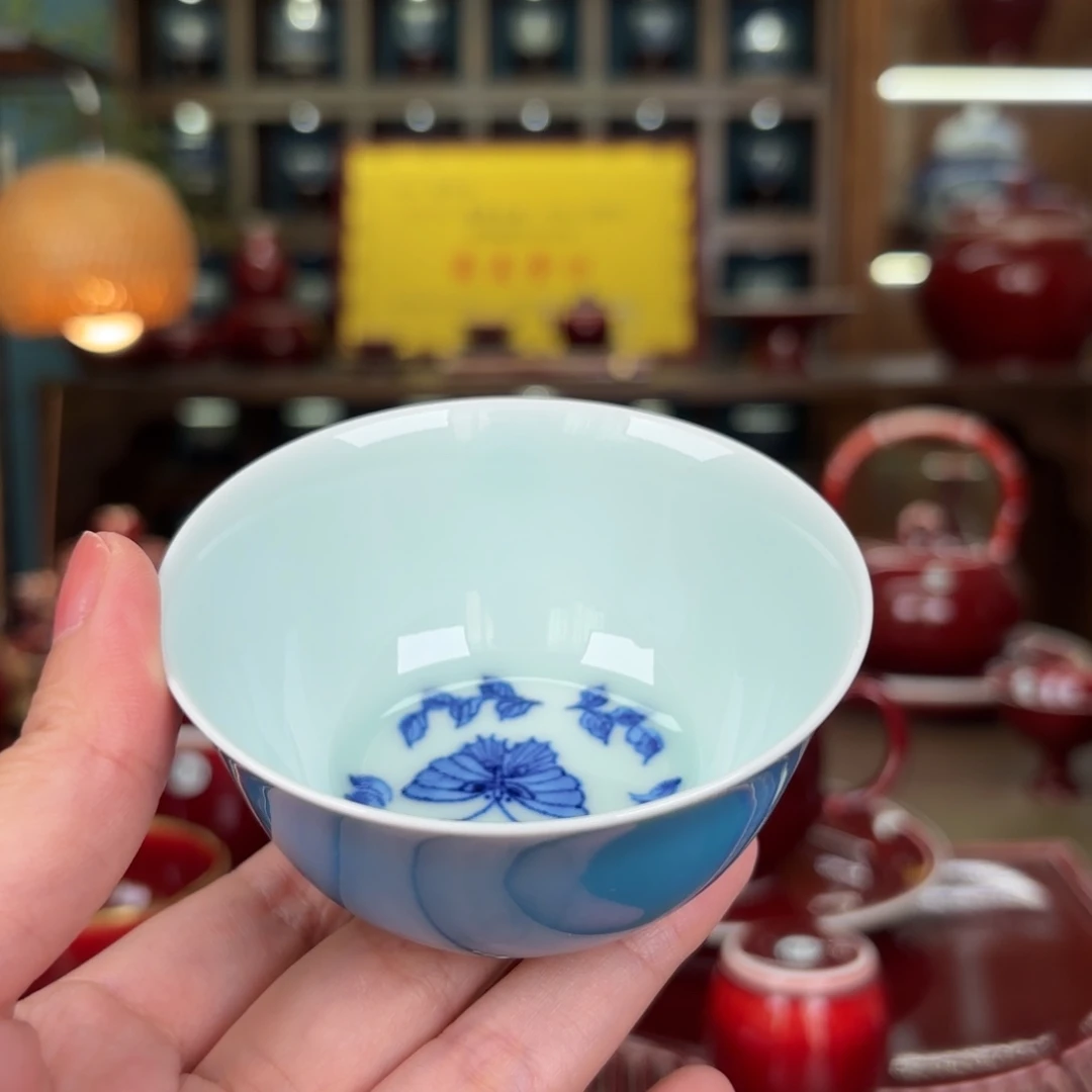 闻轩坊原矿天蓝釉 鸡缸杯