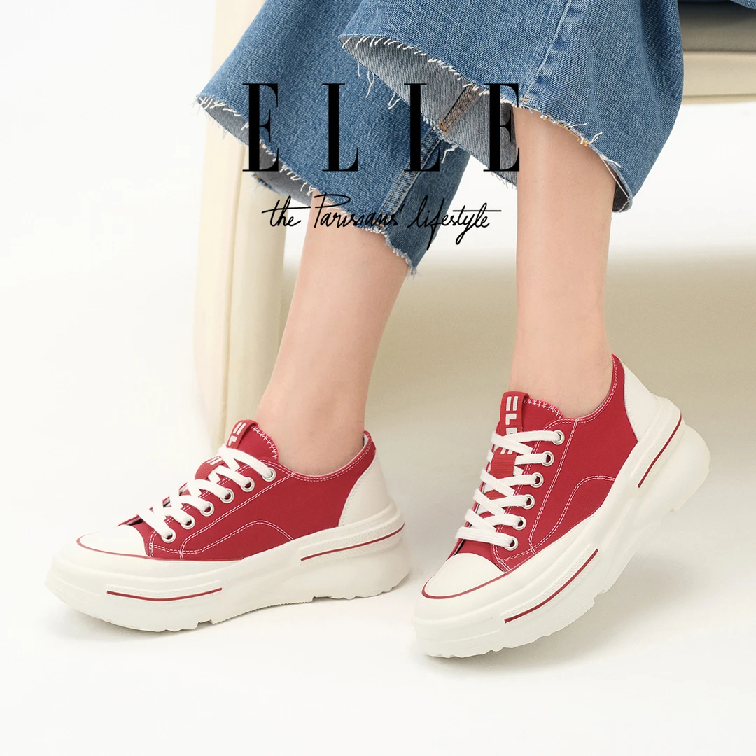 ELLE红色鞋子炸街小白鞋女2025新款秋季休闲女鞋厚底通勤平底板鞋