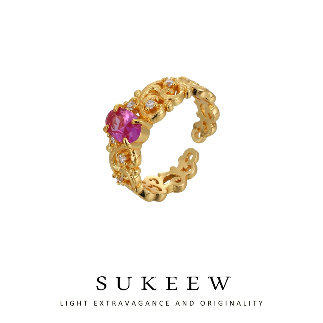 SUKEEW/酥可 铜合金合成锆石戒指 法式时尚镂空花丝戒指769208