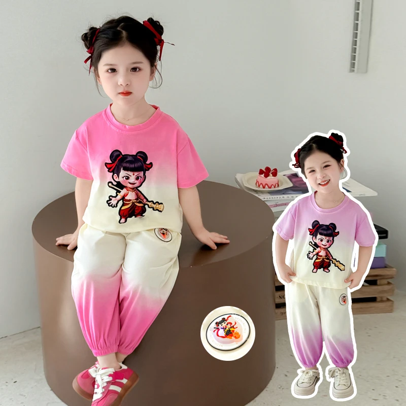 女童夏季套装2025新款哪吒亮灯衣服儿童短袖裤子潮酷宝宝儿童服装