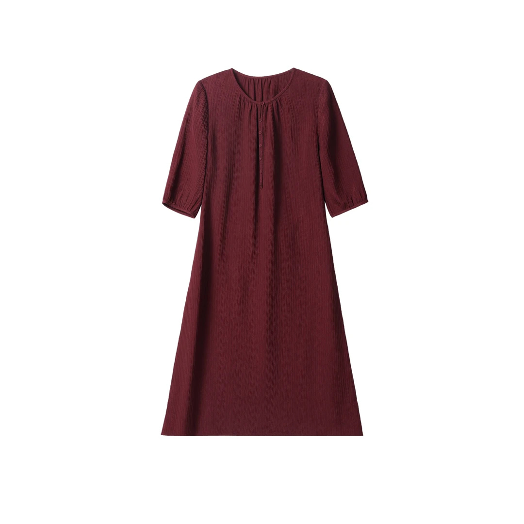 25春夏新款弹力凸花绉圆领短袖气质通勤连衣裙女YS250622Z