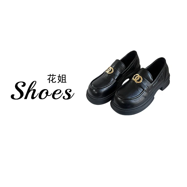 时尚金属扣英伦小皮鞋女2025秋冬新款加绒保暖厚底乐福鞋