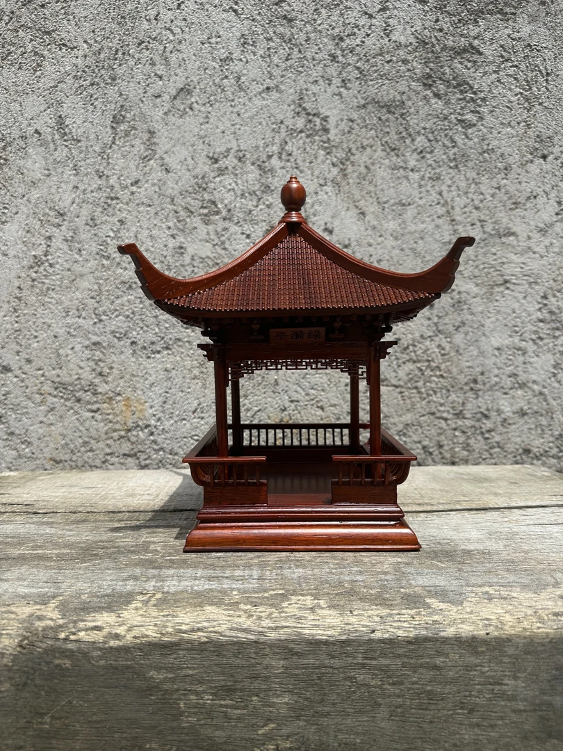 万＆贺中式木雕客厅办公室玄关前台桌面装饰摆件古建筑绿漪亭模型