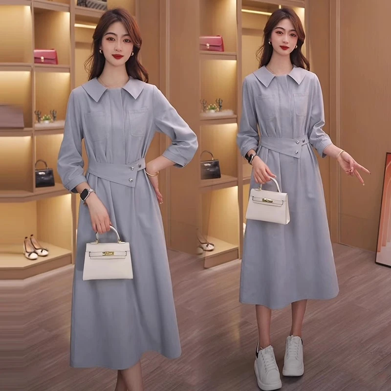 时尚学院风修身连衣裙女2025春新款时髦洋气翻领中长款收腰连衣裙