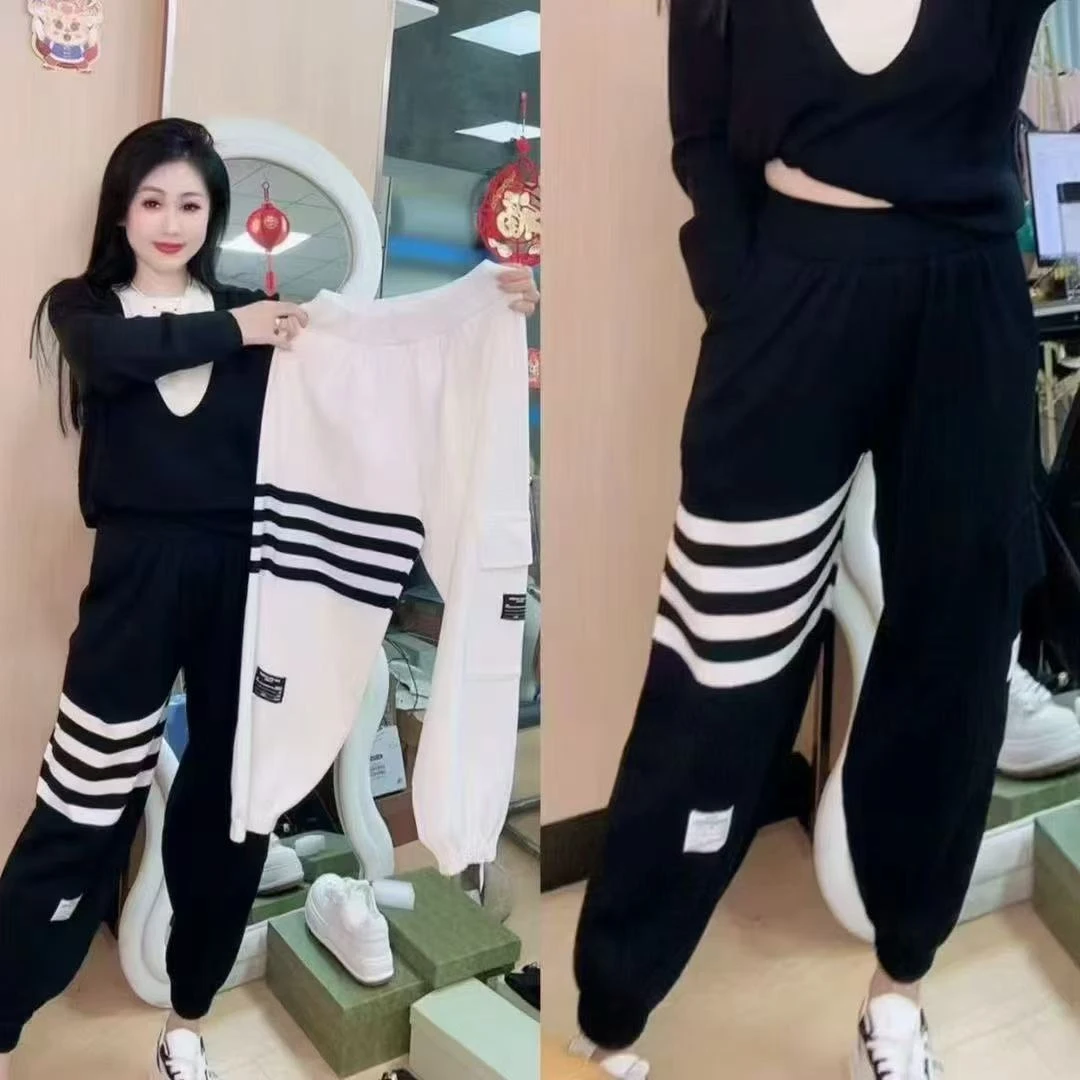 条纹长裤黑白显瘦春款网红针织时尚