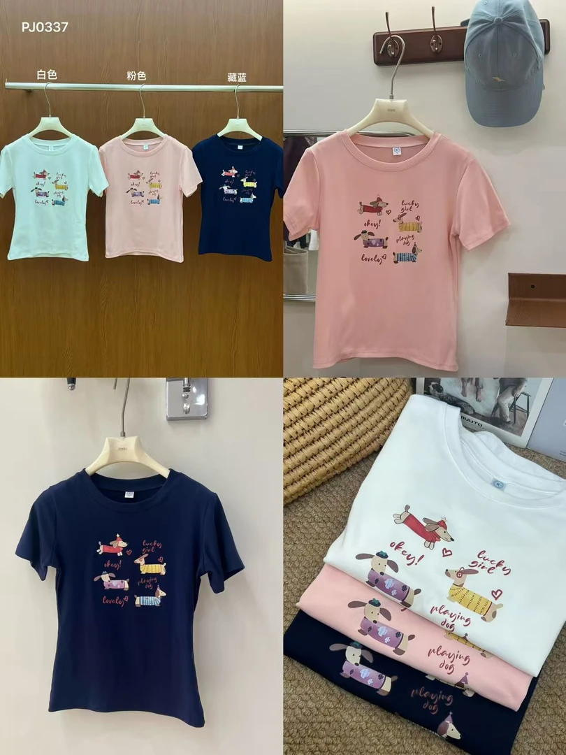 JUNXI@PJ0337 韩系趣味腊肠狗正肩圆领T恤