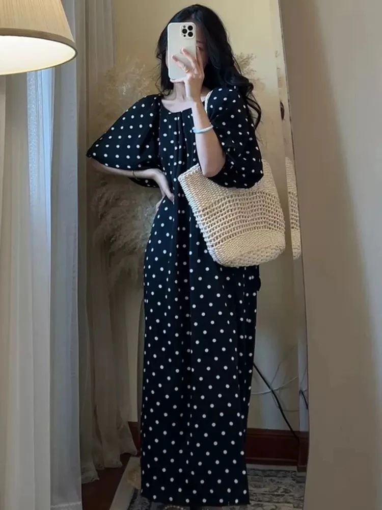 大码胖mm法式波点泡泡袖长裙春游出行松弛感一字肩宽松甜美连衣裙