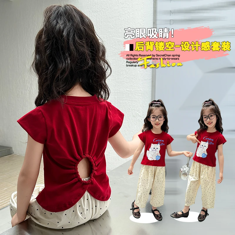 女童时髦休闲露背短袖T恤上衣2025夏装新款波点米白色阔腿裤套装