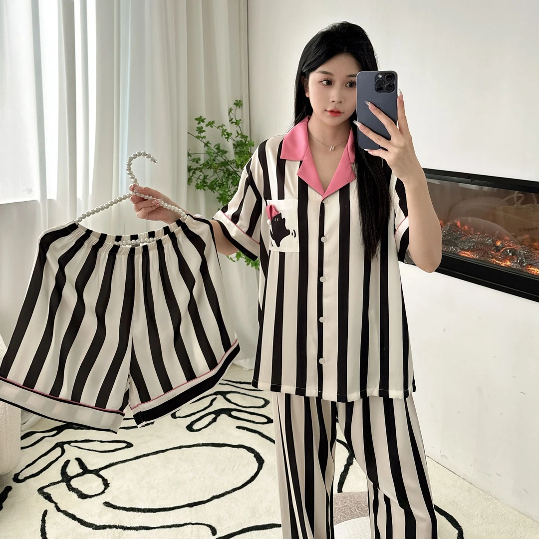 2025春夏季新款爆款睡衣宽松休闲居家舒适女三件套装家居服可外穿