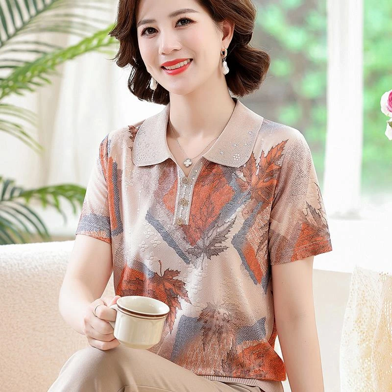 FAVMARTHA妈妈装夏季冰丝短袖恤女上衣50岁60大码翻领洋气小衫中