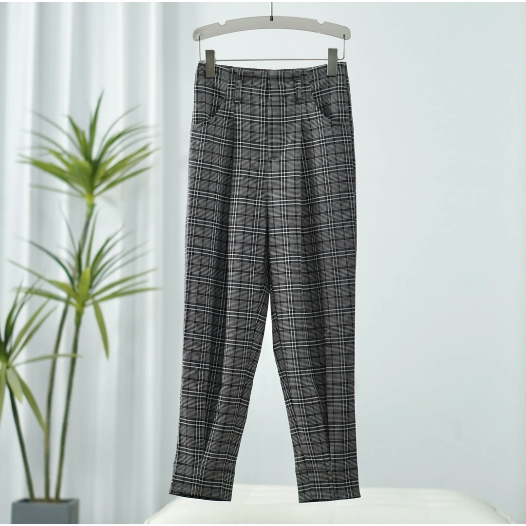 【诗M】O-437-1  女装秋休闲工装风长裤格子1325006