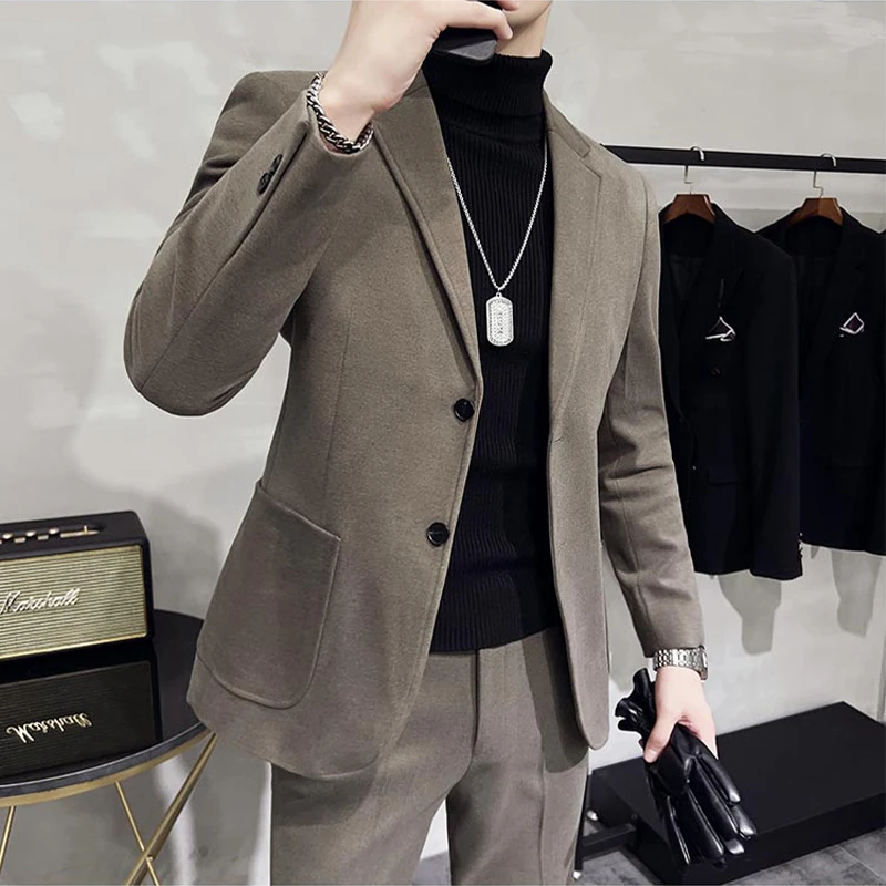 秋冬季潮流韩版轻熟风男士毛呢西服高级感加厚外套两粒西装男外套
