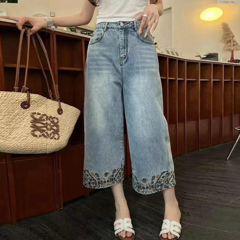（玲子专属）薄八分裤夏季刺绣牛仔裤大直筒裤休闲复古九分中国风