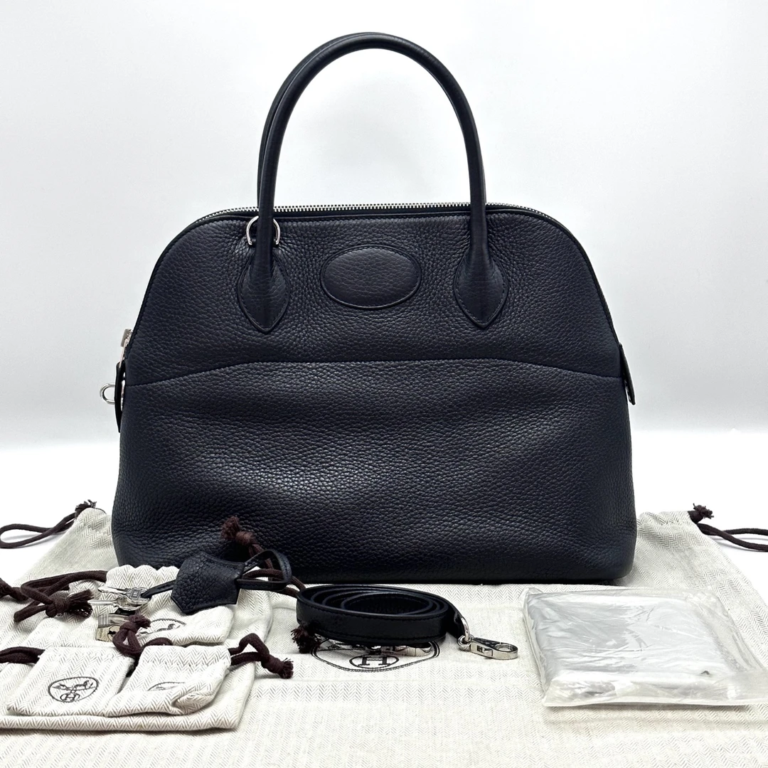 95新 Hermes/爱马仕 黑色银扣保龄球31手提单肩斜挎包 03345