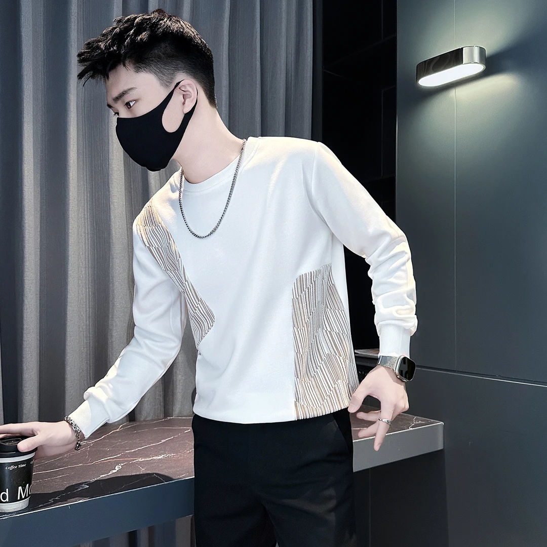 拼接条纹卫衣男白色T恤春秋季长袖上衣内搭体恤2025新款休闲外套t