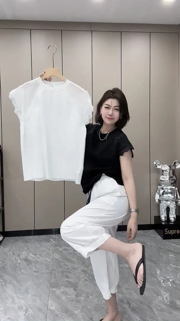 法式蕾丝拼接设计感短袖t恤女2025夏季新款简约百搭圆领休闲上衣