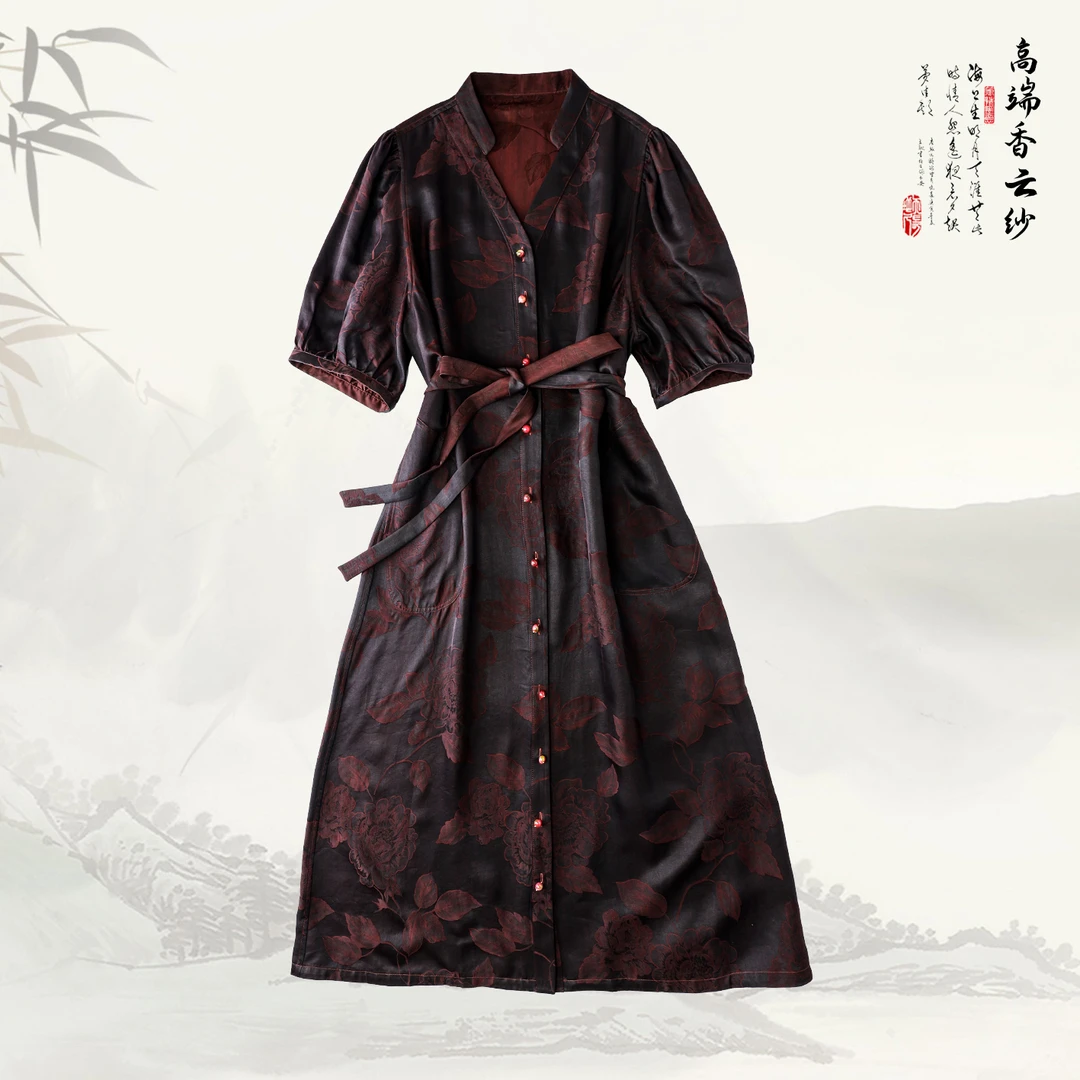 品牌新款香云纱桑蚕丝国风V领中式连衣裙419461