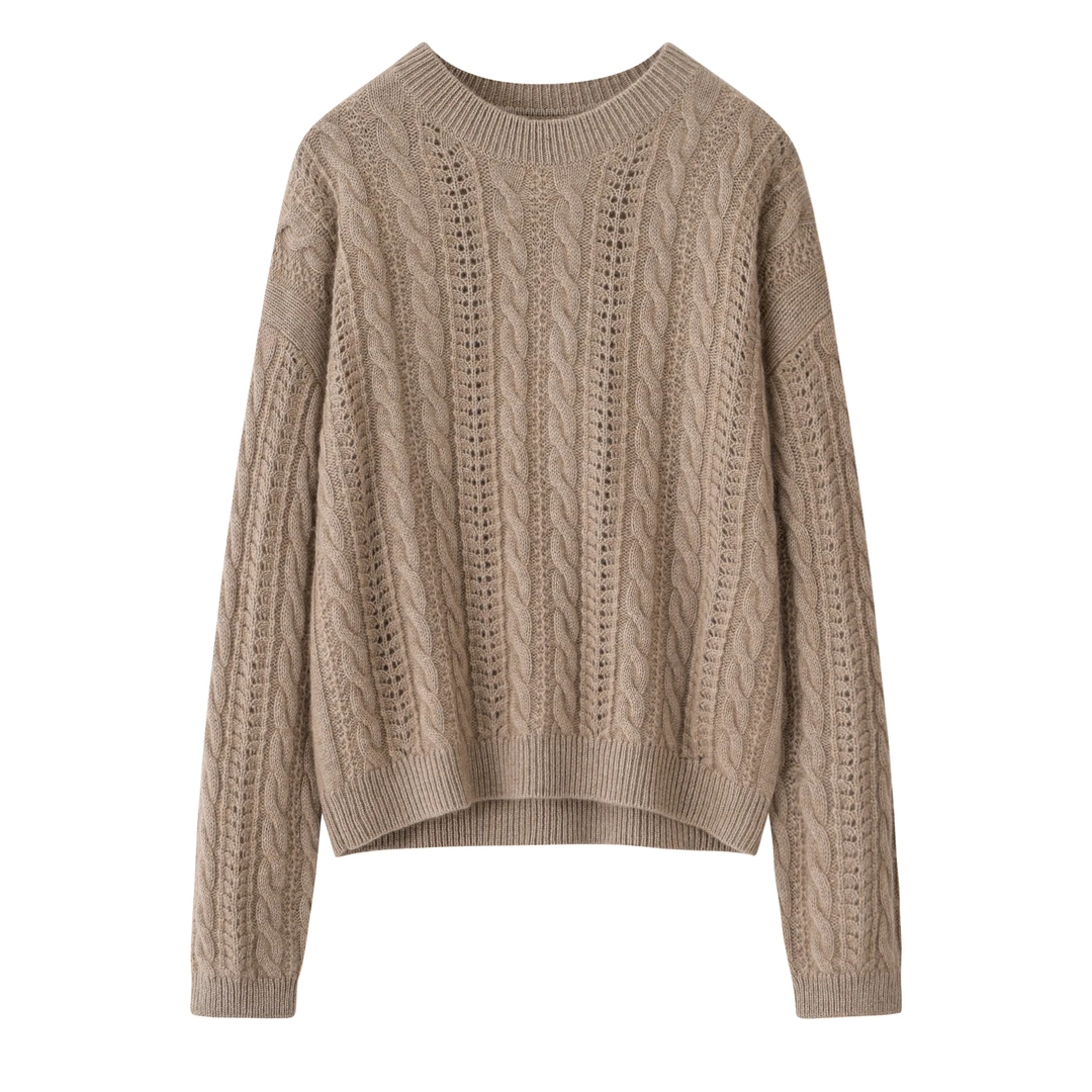 绞花针织加厚羊绒衫常规款纯色圆领秋冬宽松型镂空毛衣