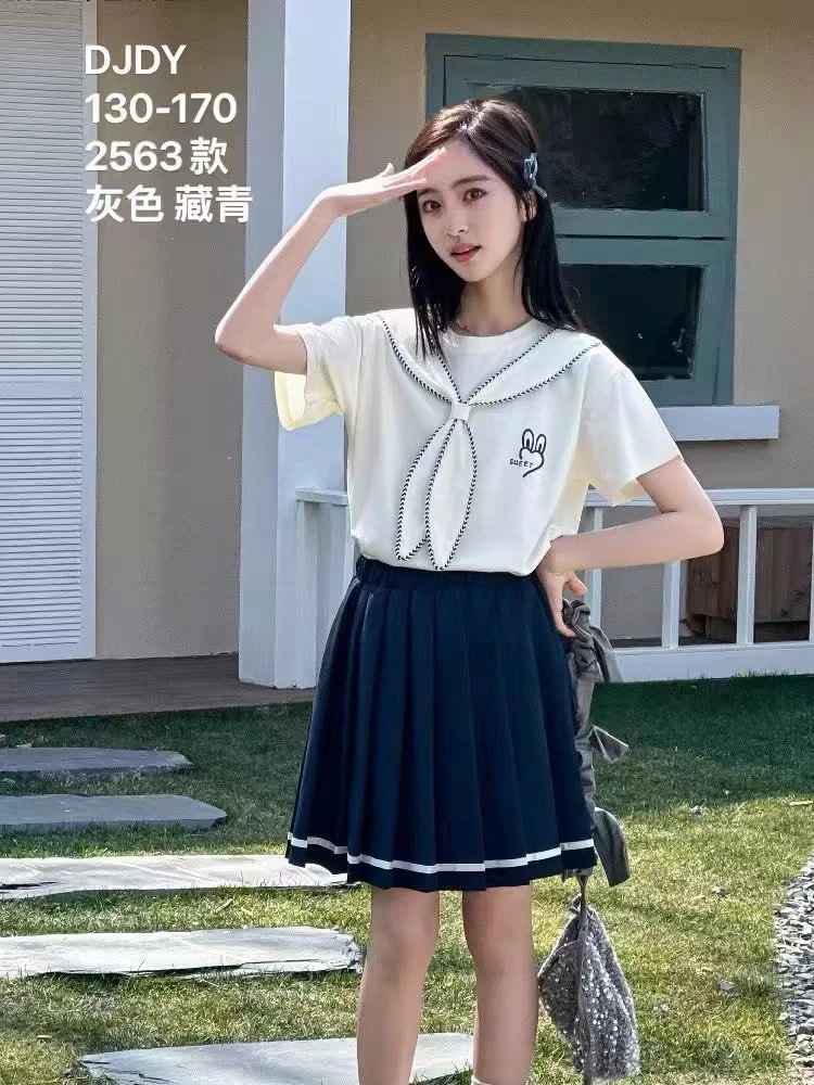 2025夏季女童时尚潮流学院风套裙百搭jk少女学生百褶甜美海军领