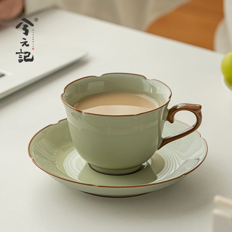 兮元记官窑花边咖啡杯碟套装高档精致陶瓷拿铁杯高颜值下午茶杯
