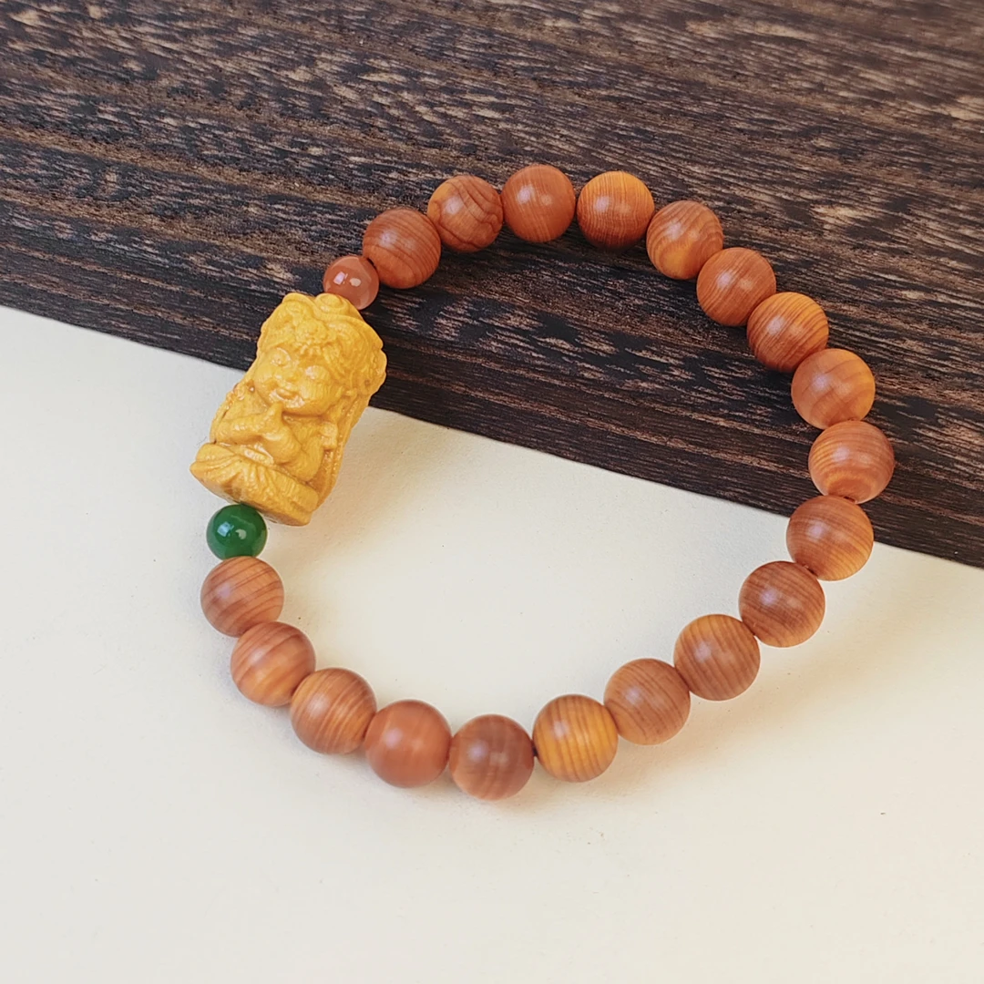 【来财】天然玉化崖柏碧玉南红手串（微瑕）